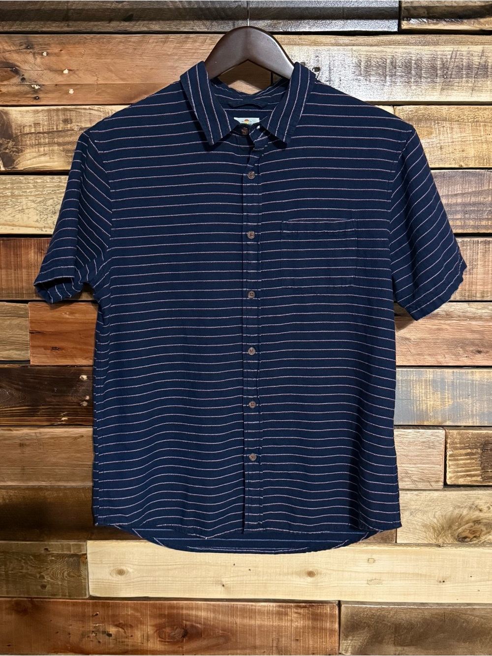 Marine Layer Navy Blue/White/Red Striped 100% Cotton Short Sleeve Button Down